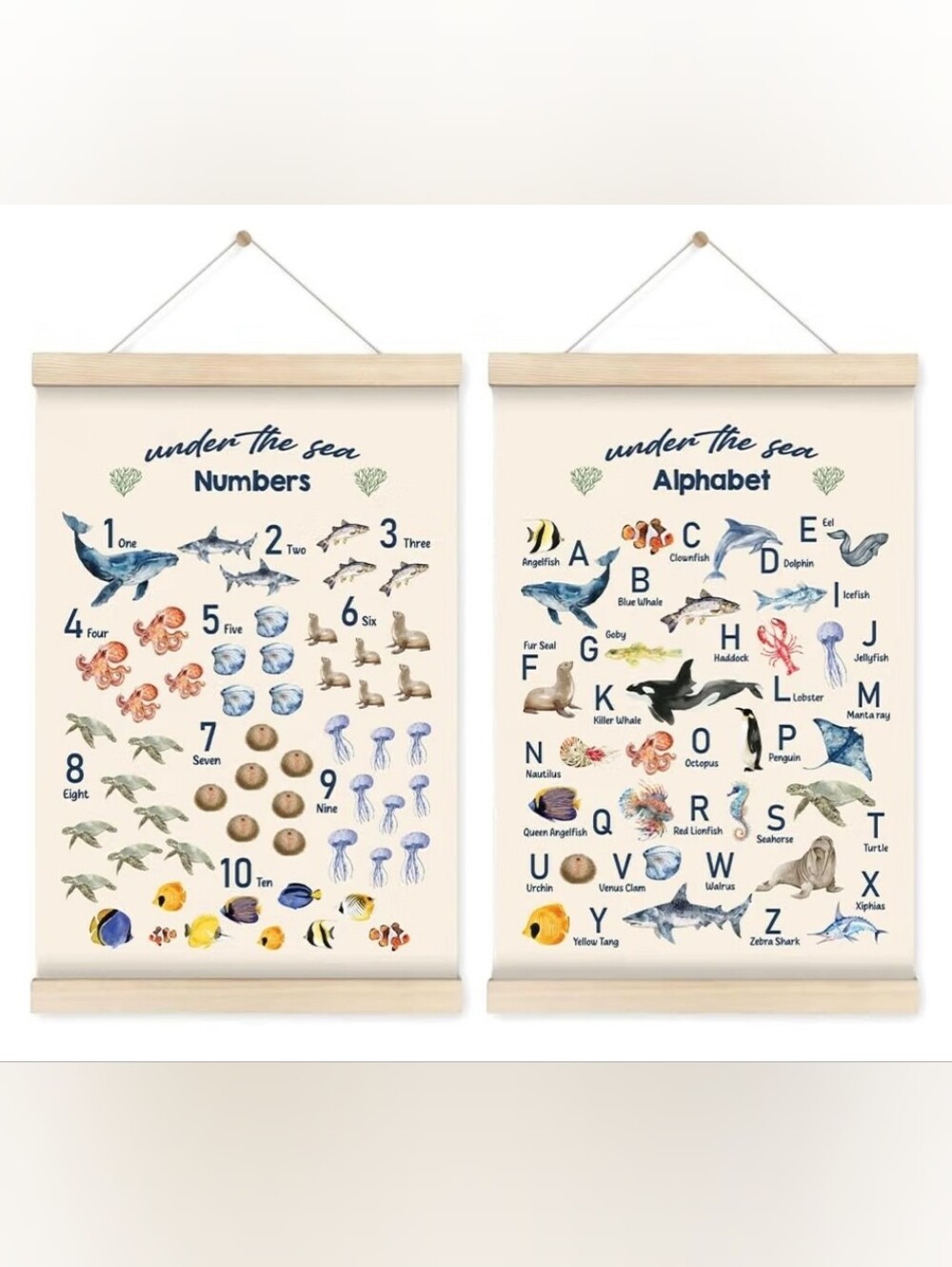 Ocean Alphabet and Numbers Poster Set – Sea Animal A–Z Wall Art, 12in x 16in